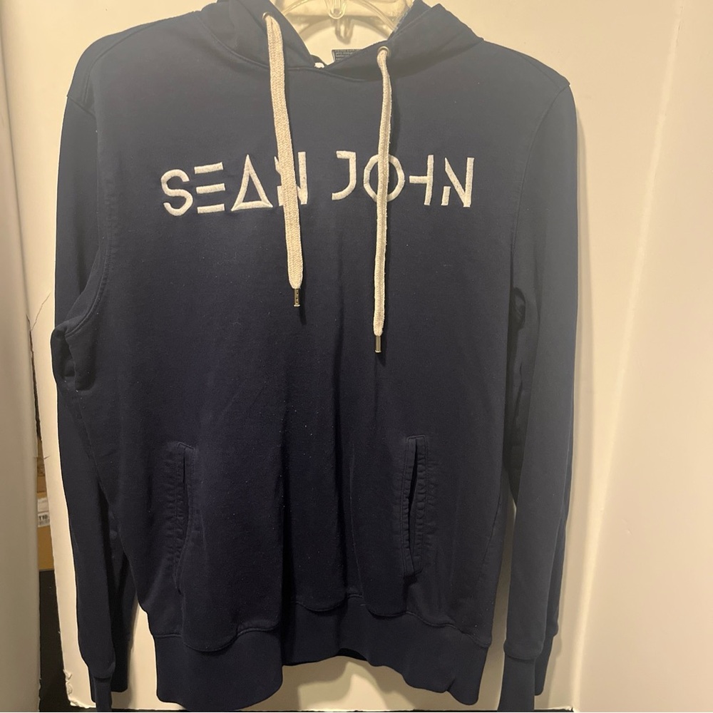 Sean John Jacket Mens Size-Medium blue Hoodie pull over Fleece Pockets Y2K